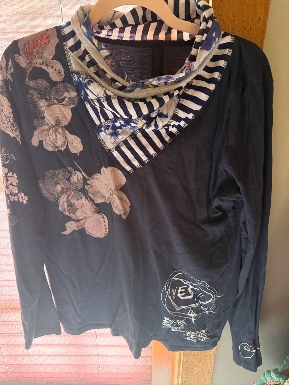 Desigual Navy Floral Long-Sleeve Top with Striped Bandana Collar